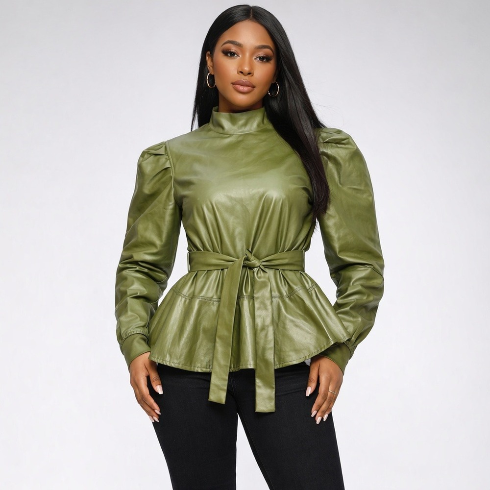Olive Faux Leather Peplum Top Mock‎ Neck Size L | Puff Sleeve Tie Waist